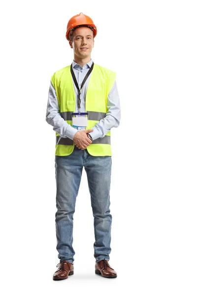 Male Engineer Safety Vest Hardhat Isolated Blue Background — Stock Photo, Image