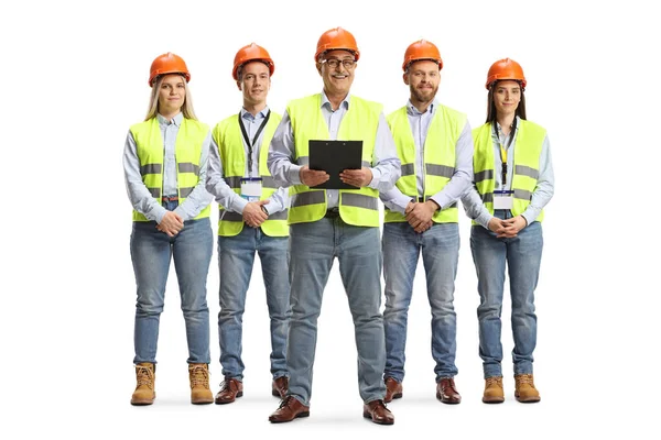 Equipe Engenheiros Instalações Masculinos Femininos Com Colete Segurança Hardhats Isolados — Fotografia de Stock