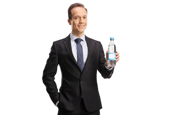 Empresario Sosteniendo Una Botella Agua Aislada Sobre Fondo Blanco —  Fotos de Stock