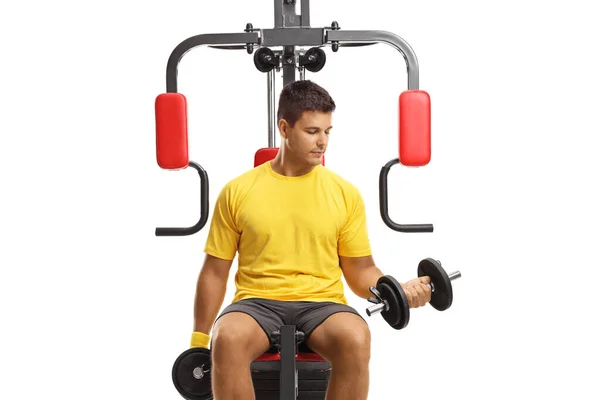 Young Man Exercising Fitness Machine Isolated White Background — Stock Photo, Image