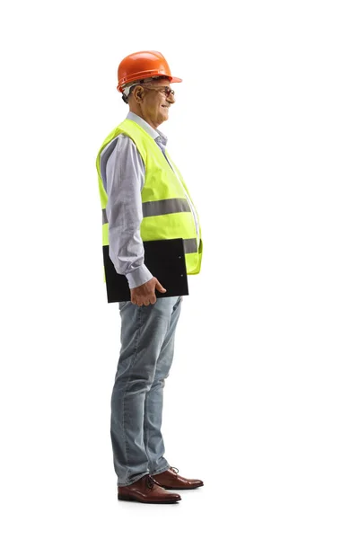 Full Length Profile Shot Mature Male Engineer Safety Vest Hardhat — Stock Photo, Image