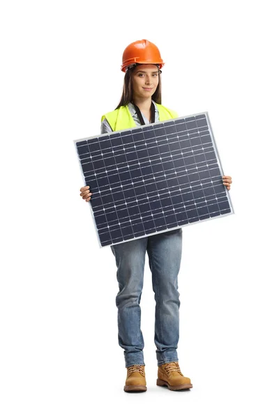 Ritratto Integrale Una Giovane Ingegnere Donna Con Pannello Fotovoltaico Isolato — Foto Stock
