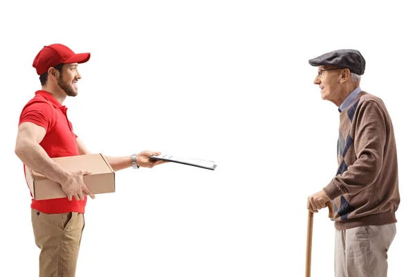 Man Delivering Package Elderly Man Isolated White Background — Stock Photo, Image