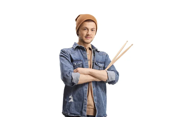 Guy Μουσικός Κρατώντας Drumsticks Απομονώνονται Λευκό Φόντο — Φωτογραφία Αρχείου