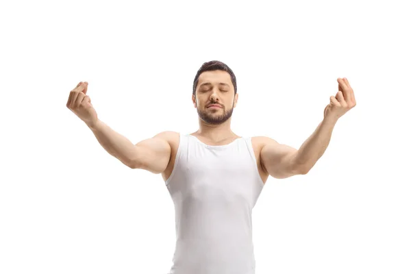 Homme Dans Débardeur Blanc Pratiquant Une Pose Yoga Isolé Sur — Photo