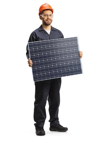 Plně Dlouhý Portrét Technika Držícího Solární Kolektor Izolovaný Bílém Pozadí — Stock fotografie
