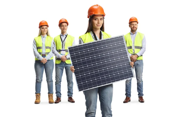 Team Junger Ingenieure Mit Photovoltaik Panel Auf Weißem Hintergrund — Stockfoto