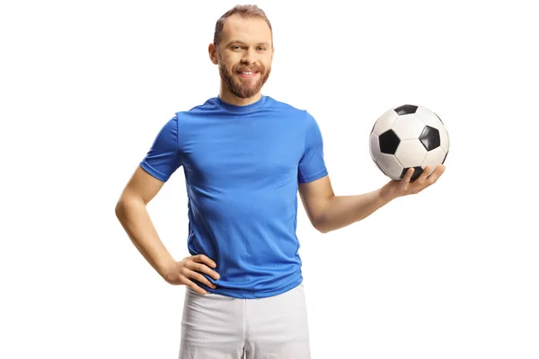 Soccer Player Blue Jersey White Shorts Holding Ball Smiling Isolated — Stock Photo, Image