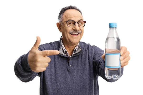 Mature Man Holding Bottle Water Front Camera Isolated White Background — Stock Photo, Image