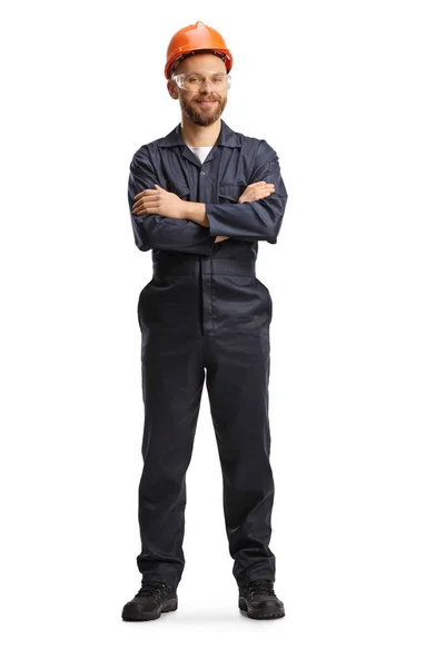 Techniker Uniform Mit Helm Und Brille Posiert Isoliert Auf Weißem — Stockfoto