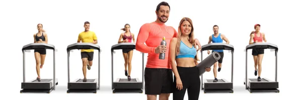 Couple Sportswear Front Young People Running Treadmills Isolated White Background — Stock Photo, Image