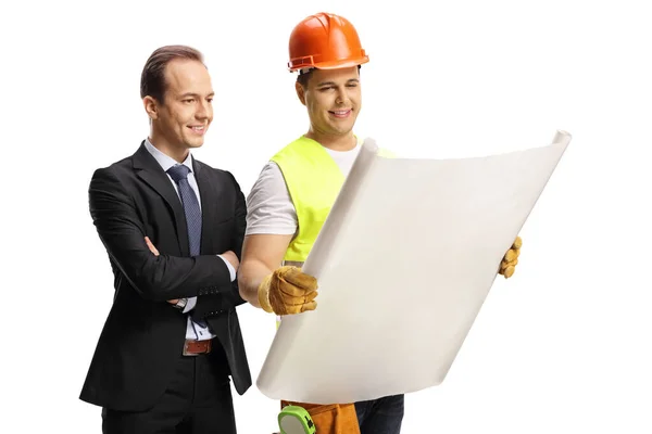 Businessman Construction Site Engineer Looking Plan Isolated White Background — Stock Photo, Image