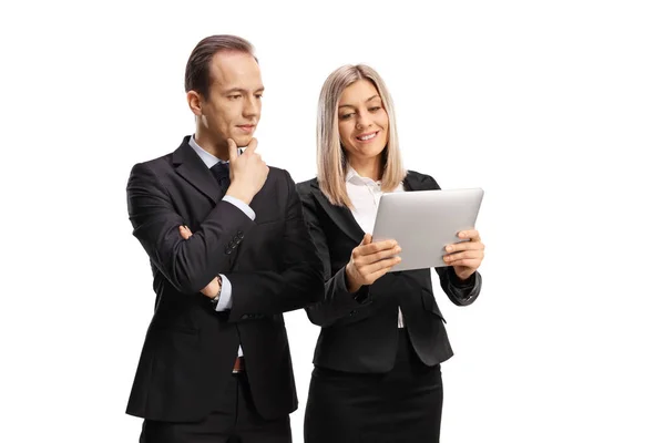 Jonge Zakenmensen Met Een Digitale Tablet Geïsoleerd Witte Achtergrond — Stockfoto