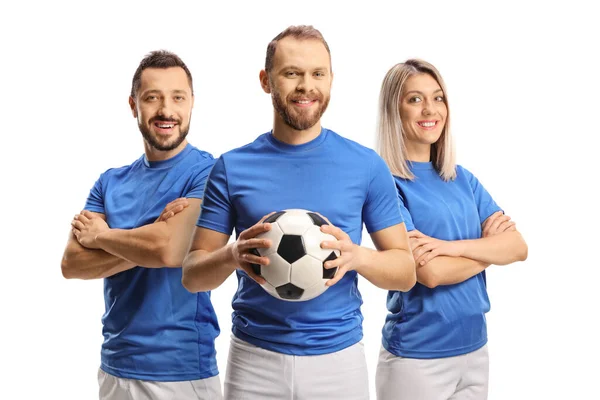 男性と女性サッカー選手笑顔でカメラで隔離された白い背景 — ストック写真
