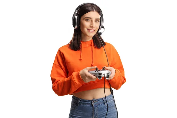Vrolijke Jonge Vrouw Met Hoofdtelefoon Joystick Geïsoleerd Witte Achtergrond — Stockfoto