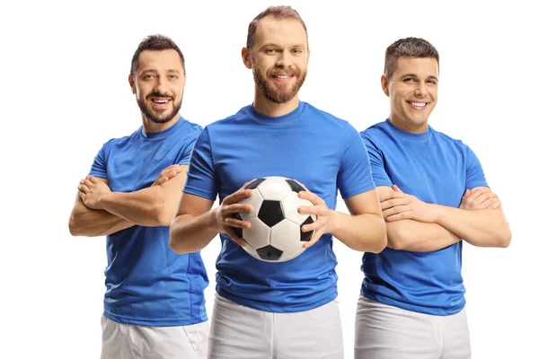 Equipe Jogadores Futebol Sorrindo Para Câmera Isolada Fundo Branco — Fotografia de Stock