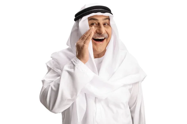 Glada Arabiska Man Etniska Kläder Viskar Hemlighet Isolerad Vit Bakgrund — Stockfoto