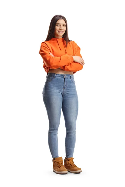 Full Length Portret Van Een Jonge Vrouw Jeans Sweatshirt Poseren — Stockfoto