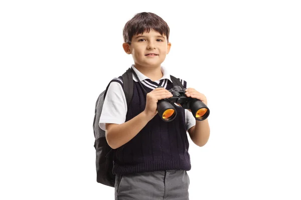 Estudante Com Uma Mochila Segurando Binóculos Isolados Fundo Branco — Fotografia de Stock