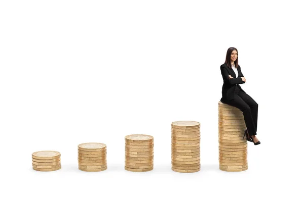 Young Businesswoman Sitting Piles Coins Isolated White Background — Stock Photo, Image