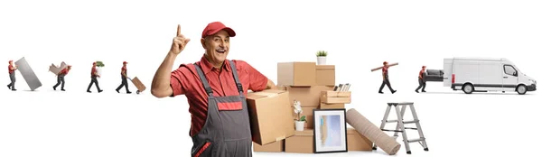 Mudanza Madura Sosteniendo Una Caja Apuntando Hacia Arriba Mudanzas Poniendo —  Fotos de Stock