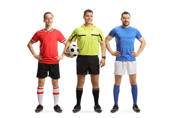 Football Players Teams Referee Holding Ball Isolated White Background — Stock Photo, Image