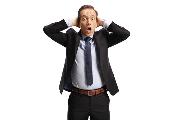 Surprised Businessman Open Mouth Eyes Wide Open Holding His Head — Stock Photo, Image