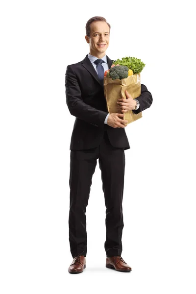 Retrato Comprimento Total Homem Negócios Segurando Saco Papel Com Mantimentos — Fotografia de Stock