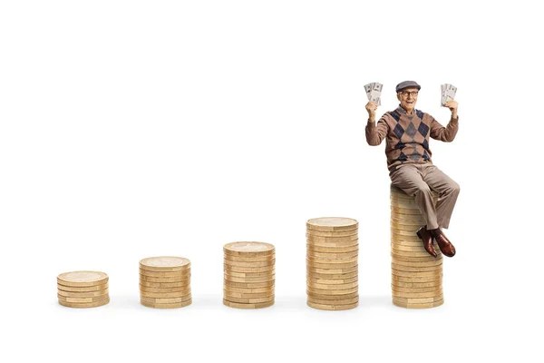 Happy Elderly Man Sitting Piles Coins Holding Stacks Banknotes Isolated — Stock Photo, Image