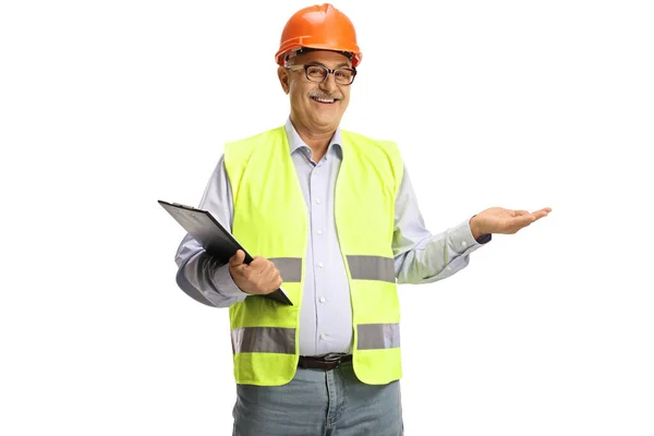 Mature Male Engineer Safety Vest Holding Something Imaginary Isolated White — Stock Photo, Image