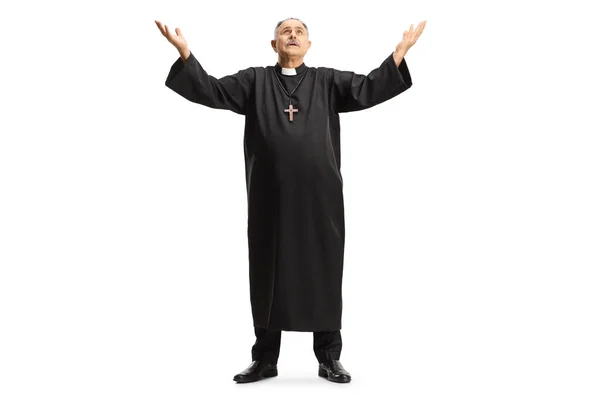 Full Length Portrait Priest Raising Arms Sky Isolated White Background — Stock Photo, Image