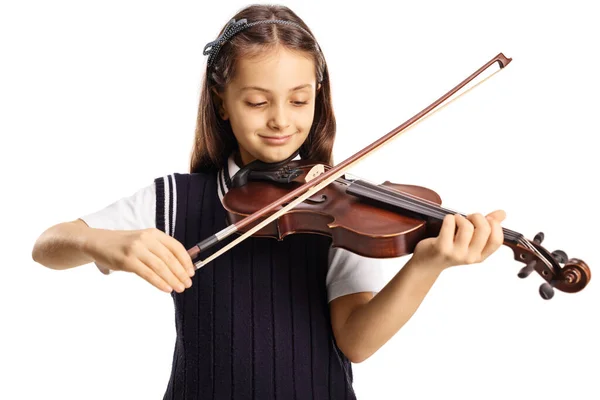 女の子で学校制服遊びますバイオリン孤立した上の白い背景 — ストック写真