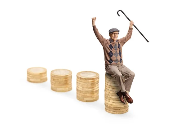 Elderly Man Seated Piles Coins Gesturing Happiness Cane His Hand — Stock Photo, Image