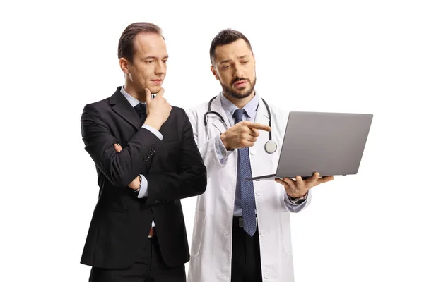Doctor Showing Screen Laptop Computer Businessman Isolated White Background — Stock Photo, Image