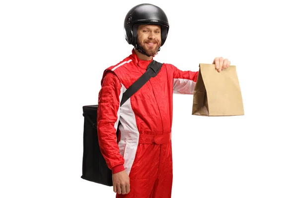 Motorista Entregando Comida Una Bolsa Papel Aislada Sobre Fondo Blanco — Foto de Stock