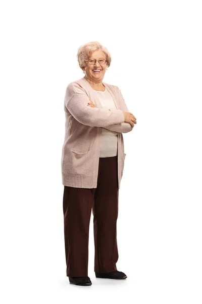 Улыбающаяся Пожилая Женщина Позирует Изолированно Белом Фоне — стоковое фото