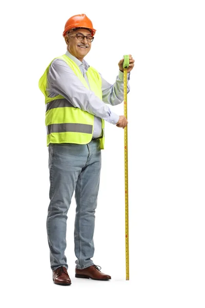 Full Length Shot Mature Male Engineer Using Steel Tape Measure — Stock Photo, Image