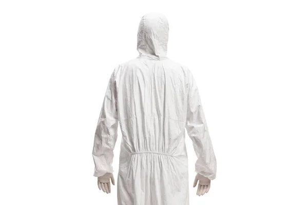 白地に隔離された白い除染スーツの男のリアショット — ストック写真