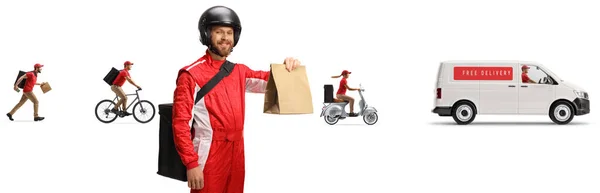 Transporte Para Entrega Comida Con Furgoneta Scooter Bicicleta Aislados Sobre — Foto de Stock