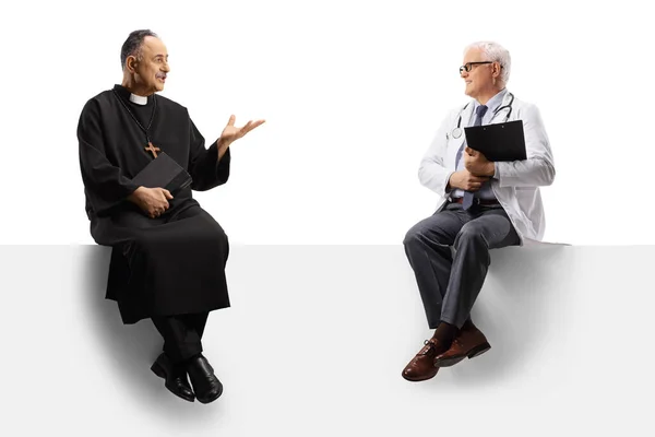 Priest Doctor Sitting White Panel Having Conversation Isolated White Background — Stock Photo, Image