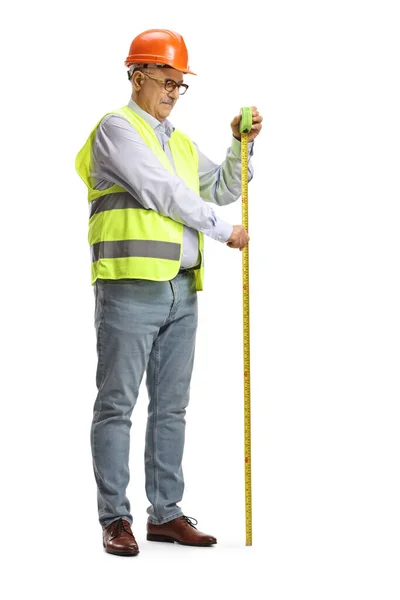 Full Length Shot Mature Male Engineer Measuring Steel Tape Isolated — Stock Photo, Image