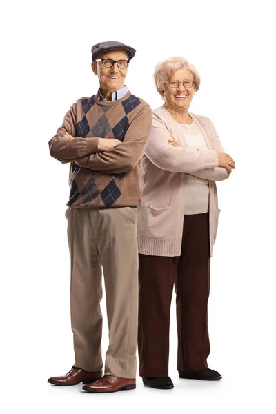 Glimlachende Casual Oudere Man Vrouw Poseren Met Gekruiste Armen Geïsoleerd — Stockfoto