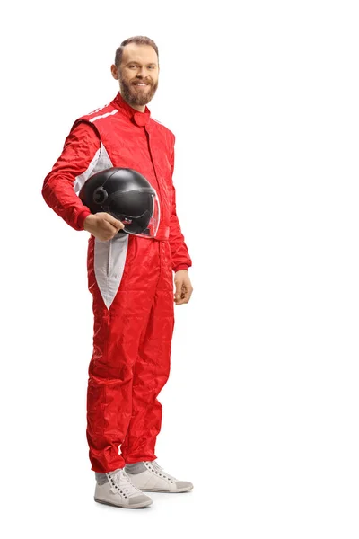Voller Länge Aufnahme Eines Autorennfahrers Der Einen Helm Trägt Und — Stockfoto