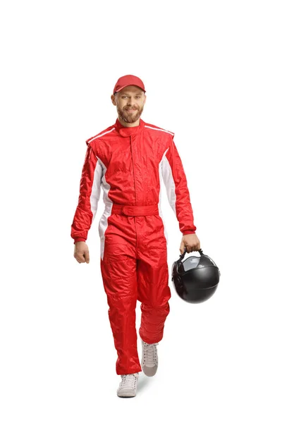 Full Length Portret Van Een Racer Met Een Helm Lopen — Stockfoto