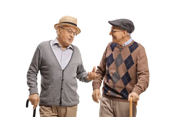 Oudere Mannen Met Wandelstokken Praten Geïsoleerd Witte Achtergrond — Stockfoto