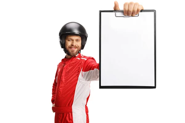 Racer Holding Blank Paper Clipbaord Front Camera Isolated White Background — Stock Photo, Image