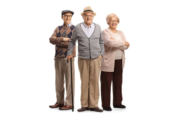 Группа Пожилых Людей Позирующих Скрещенными Руками Белом Фоне — стоковое фото