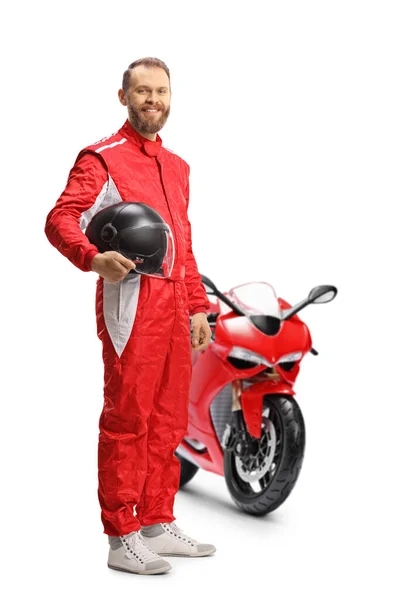 Motociclista Possesso Casco Sorridente Con Una Bici Rossa Isolata Sfondo — Foto Stock