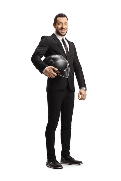 白い背景に隔離されたヘルメットを保持するビジネスマンの完全な長さの肖像画 — ストック写真
