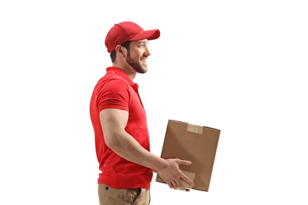 Homem Entregando Pacote Papelão Isolado Fundo Branco — Fotografia de Stock